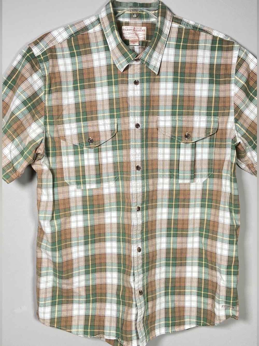 Filson Short-Sleeve Plaid Button-Down Shirt in Green, Brown & White